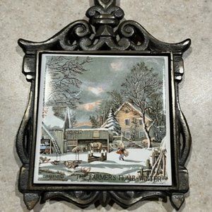 Vintage Currier & Ives Cast Iron ceramic tile trivet